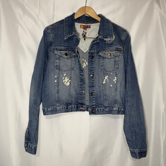 Plugg Jackets & Blazers - Vintage‎ Plugg Denim Jacket Womens Blue Distressed Bleach Floral Y2K Trucker